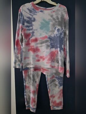 Tie-Dye Ribbed Casual Set - Pink, Blue & Gray